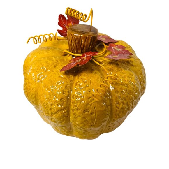 Ceramic Pumpkin Decor Autumn Leaves Curly Vines Harvest Wire Branches 7" x 8" - Picture 2 of 7
